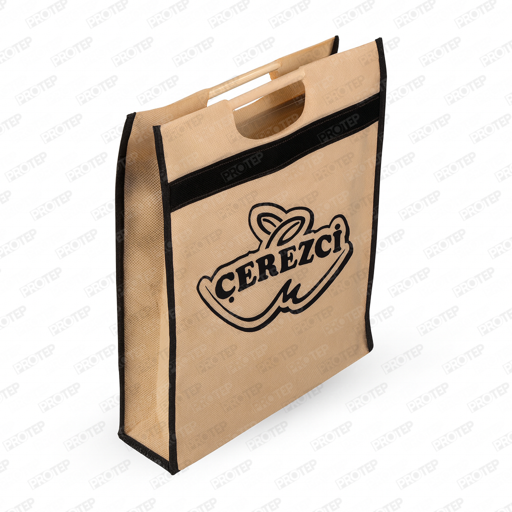 Tahta Saplı Bez Poşet Çanta 35X45X15 Cm 1 Tahta Saplı Bez Poşet Çanta 35X45X15 Cm